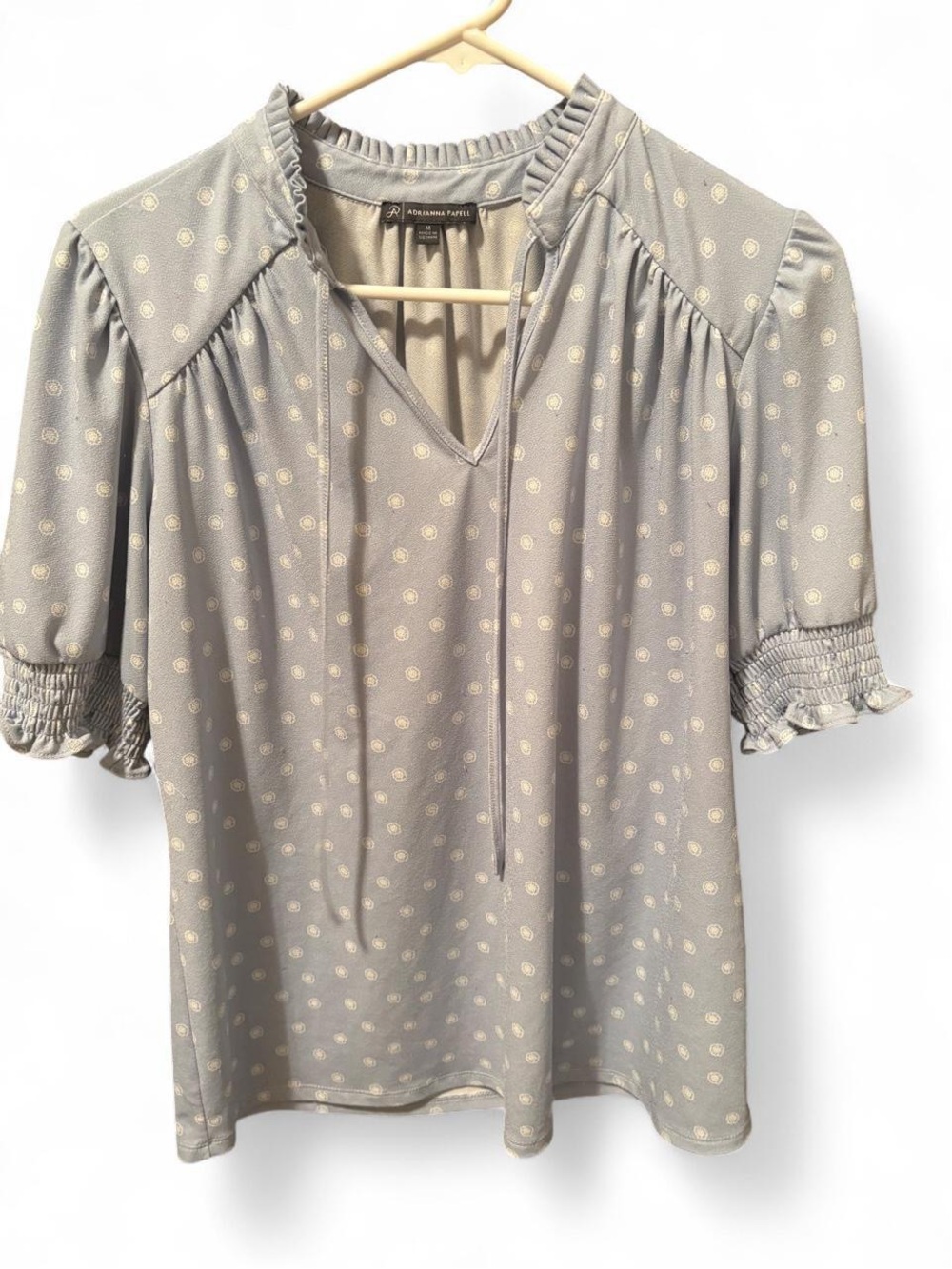 Adrianna Papell Light Blue Polka Dot Ruffled V-Neck Blouse